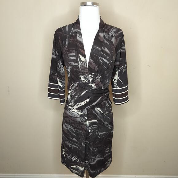 BCBG Maxazria Faux Wrap Mini Dress Black Grey Stretch Jersey - Picture 1 of 9